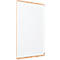 A white whiteboard with a wooden frame, photographed slightly from the side.