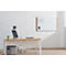 Office with desk, chair, and whiteboard. Laptop and pens on the table. White brick wall.