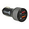 Schwarzes Auto-Ladegerät mit zwei USB-Anschlüssen, Qualcomm Quick Charge 3.0 Logo und Smart-Label.