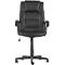 Black office chair with high back, armrests and wheels. The chair is made of imitation leather.