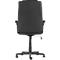 Back view of a black office chair. The chair has a high backrest, armrests, and a rolling base.