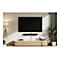 Wohnzimmer mit groÃŸem Fernseher, Soundbar, Kommode, Lampe und Pflanze. Alles vor weiÃŸem Hintergrund, minimalistisch.