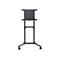 Support TV noir roulant. Support supérieur avec vis, étagère en dessous et base roulante.