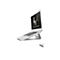 Ein silberner Laptop auf einem Laptop-Ständer. Der Bildschirm zeigt ein ergonomisches Symbol und den Text "ERGONOMIC".