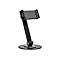Schwarzer Tablet-Halter auf einem grauen runden Sockel. Der Halter ist in verschiedenen Winkeln verstellbar.