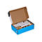 GeÃ¶ffnete blaue Box mit Produkt und Verpackung. Ein Merkblatt liegt in der Box.