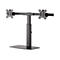 Schwarze Doppelmonitorhalterung, bestehend aus Sockel, Säule und zwei Halterungen.