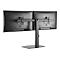Rückansicht eines Doppelmonitor-Halters mit zwei Bildschirmen. Graue Monitore mit Halterung.