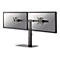 Support de moniteur double noir. Deux écrans sont maintenus par un support avec base.