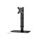 Schwarzer Monitorständer vor weißem Hintergrund. Der Ständer hat eine Basis, einen Mast und eine Halterung.