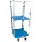 Metal rolling cart with two blue shelves and castors.