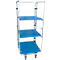 Blue and silver mesh trolley with three shelves. The shelves and wheels are made of plastic, the frame of metal. For transport.