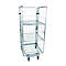 Metal trolley with three shelves and a door that can be opened.