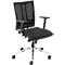 Black office chair, mesh back, armrests, on wheels. Chrome base. Focus on the design.