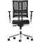 Black office chair with mesh back, armrests and castors.