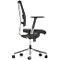 Black office chair, side view, with armrests and castors. The backrest is covered with a mesh fabric.