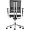 Back view of a black office chair with mesh back, armrests and chrome elements. The chair has 5 castors.