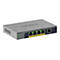 Grauer Netgear Switch GS105EPP. Auf der Oberseite steht "NETGEAR" und "GS105EPP". An der Vorderseite befinden sich Ports mit LEDs, daneben steht "1, 2, 3, 4" und "5" und "Reset".