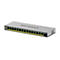 Grauer Netgear-Switch, von oben fotografiert. Er hat 16 Ethernet-Ports, darunter Ports für Power over Ethernet (PoE). Die grünen LEDs an der Vorderseite zeigen den Status an. Der Markenname ist deutlich auf der Oberseite zu sehen.