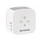Weißer Netgear WLAN-Repeater mit grünen LEDs und Beschriftung. Reset, WPS und Power-Tasten sind erkennbar.
