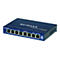 Ein blauer Netgear ProSafe 8-Port Gigabit Switch, mit Anschlüssen und Beschriftungen.