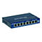 Blauer Netgear ProSafe 8-Port Gigabit Switch GS108 mit acht Ethernet-Anschlüssen. Aufschrift: Gigabit Ethernet.