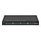 Ein schwarzer Netgear-Switch mit mehreren Ports und Leuchten. Oben steht der Name NETGEAR, unten links befinden sich Leuchten und ein Logo.
