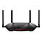 Schwarzer Router mit vier Antennen auf weiÃŸem Hintergrund. Unten rotes Gitter.