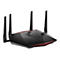 Schwarzer Router mit vier Antennen, roter Zierleiste und Statusanzeigen.