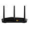 Schwarzer WLAN-Router mit drei Antennen, Anschlüssen für Ethernet und Internet.