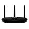 Schwarzer Router mit drei Antennen, Nighthawk-Logo sichtbar.