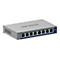 Commutateur Netgear gris Ã  8 ports, lettrage NETGEAR sur le cÃ´tÃ©, accents bleus, ports avec petites lumiÃ¨res.