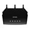 Schwarzer Router mit drei Antennen, NETGEAR-Schriftzug, vier Leuchten.