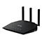 Schwarzer Router mit drei Antennen, Netgear Logo und leuchtenden LEDs.
