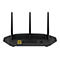 Schwarzer Router mit drei Antennen, RÃ¼ckansicht mit AnschlÃ¼ssen und Ethernet-Port.