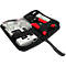 Black tool bag with network tools: crimping tool, cable tester, and RJ45 connectors.