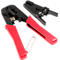 A crimping tool with red handles and a single wire stripper on a white background.