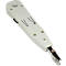White tool with blades, symbols and an opening for cables. It is a cutting and punchdown tool for telecommunications cables.