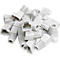 Pile of white, plastic cable connectors. Various shapes and sizes.