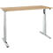 An adjustable desk with a light wood top and silver legs standing against a white background.