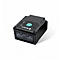 Scanner de codes-barres noir avec bouton vert et logo de l'entreprise sur fond blanc.