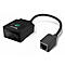 Scanner de codes-barres noir avec bouton vert, connecteur RJ45, câble.