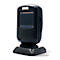 Black barcode scanner on base, with scan window and company logo. View from a slightly elevated perspective.