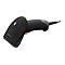 Ein schwarzer Barcode-Scanner mit gelbem Knopf und Kabel. Auf dem Scanner ist ein Logo zu sehen.
