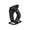 Scanner de code-barres noir dans un support, logo "Newland". Souligné de bleu.