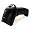 Schwarzer Barcode-Scanner mit silbernen Akzenten, Griff und Auslöser. Logo 'Newland'.