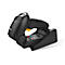 Scanner de codes-barres noir avec station de charge. Le scanner a des boutons rouges, bleus et verts.