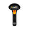 Schwarzer Barcode-Scanner mit orangem Griff vor weißem Hintergrund.
