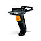 Scanner portable noir avec bouton jaune. Support supérieur avec espace pour un appareil mobile.