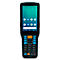 Detailliertes Foto eines schwarzen Barcode-Scanners mit orangefarbenen Akzenten. Auf dem Display ist eine App-Anordnung zu sehen.